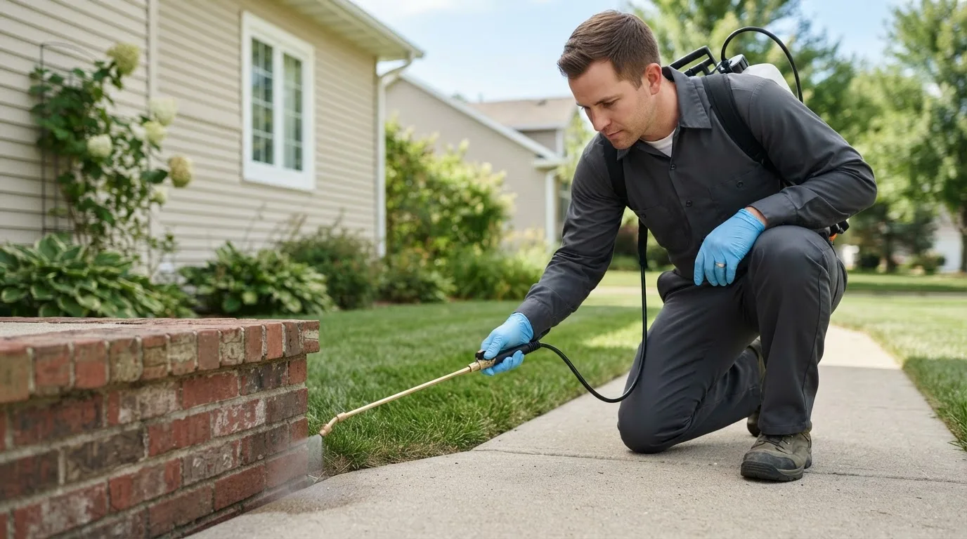 Pest control technician treating a home near Orchard, CO